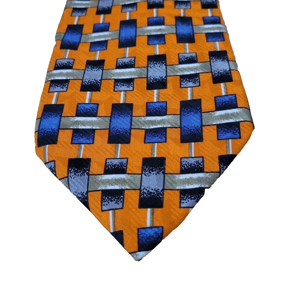 Robert Talbott Studio Men's Tie Orange/ Blue   Geometric Silk Printed‎ Necktie